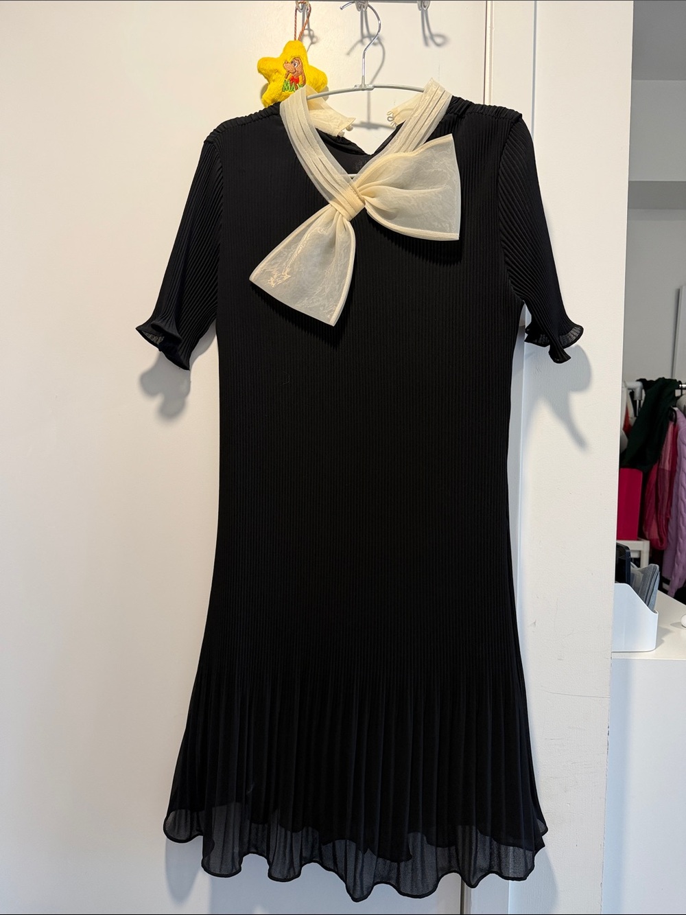 Black Pleated Dress with Cream Bow Accent